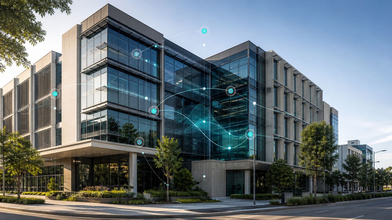 Modern Australian commercial building with subtle energy monitoring data overlay